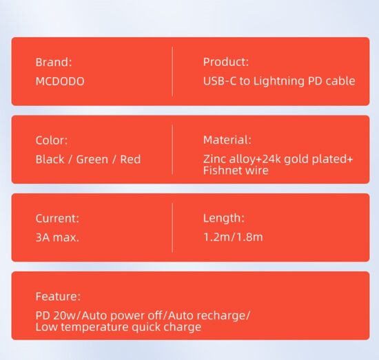 کابل شارژ هوشمند تایپ سی به لایتنینگ مک دودو مدل MCDODO CA-8563 طول 180 سانتيمتر