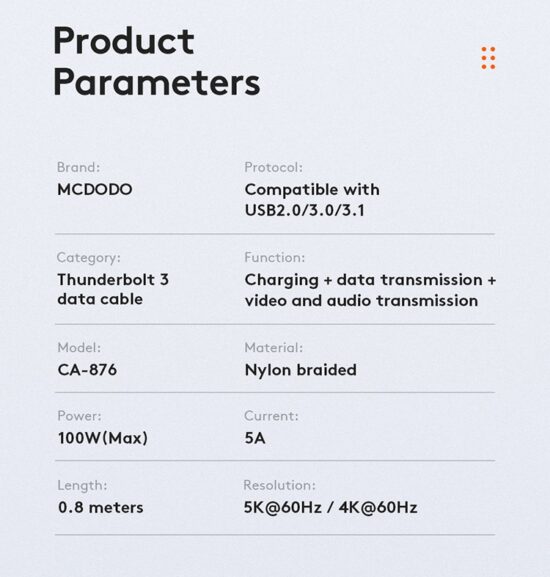 کابل شارژ و انتقال داده قوی(40Gbps) تاندربولت 3.0 تایپ سی به تایپ سی مک دودو مدل MCDODO CA-8760 طول 80 سانتيمتر