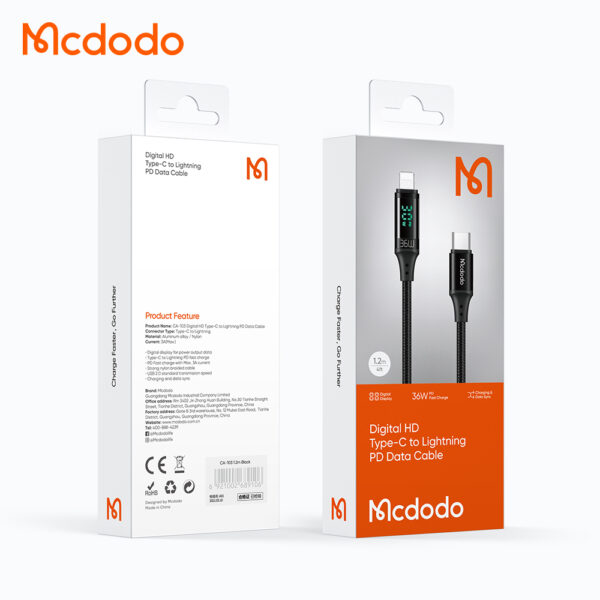 کابل شارژ و انتقال داده تایپ سی به لایتنینگ مک دودو مدل MCDODO CA-1030 دارای نمایشگر دیجیتال طول 120 سانتيمتر
