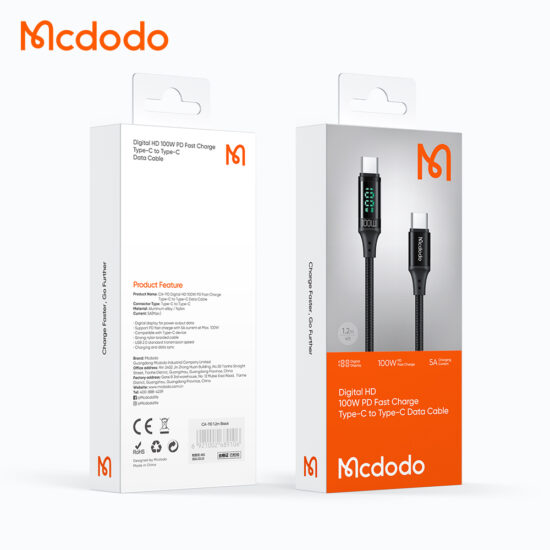 کابل شارژ و انتقال داده تایپ سی به تایپ سی مک دودو مدل MCDODO CA-1100 دارای نمایشگر دیجیتال طول 120 سانتيمتر