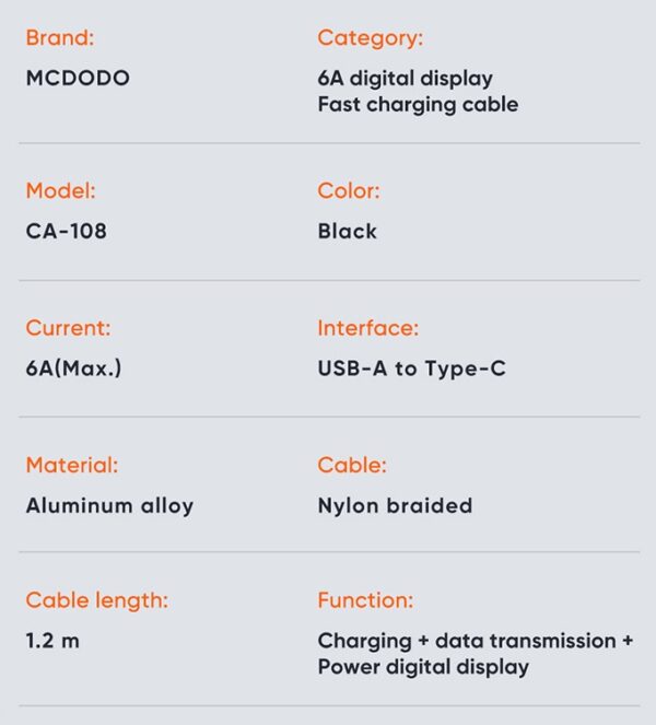 کابل شارژ و انتقال داده تایپ سی 66 واتی مک دودو مدل MCDODO CA-1080 داراي نمایشگر دیجیتال طول 120 سانتيمتر
