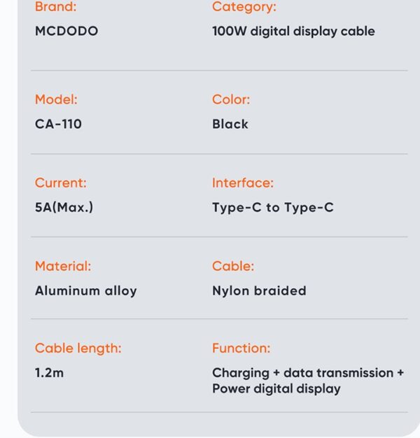 کابل شارژ و انتقال داده Type-c به Type-c داراي نمایشگر دیجیتال 100 واتی مک دودو مدل MCDODO CA-1100 طول 120 سانتيمتر