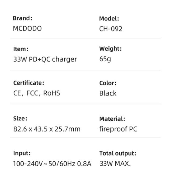 شارژر آداپتور دیواری فست شارژ 33 واتی مک دودو مدل MCDODO CH-0921