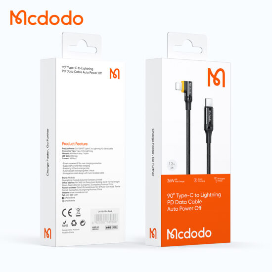 کابل شارژ هوشمند 36 واتی تایپ سی به لایتنینگ مک دودو مدل MCDODO CA-1262 طول 2 متر دارای قطع کن اتوماتیک