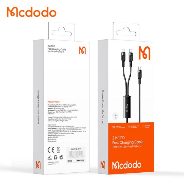 کابل شارژ و انتقال داده 100 واتی Type-c به Type-c+Lightning مک دودو مدل MCDODO CA-8780 طول 120 سانتيمتر