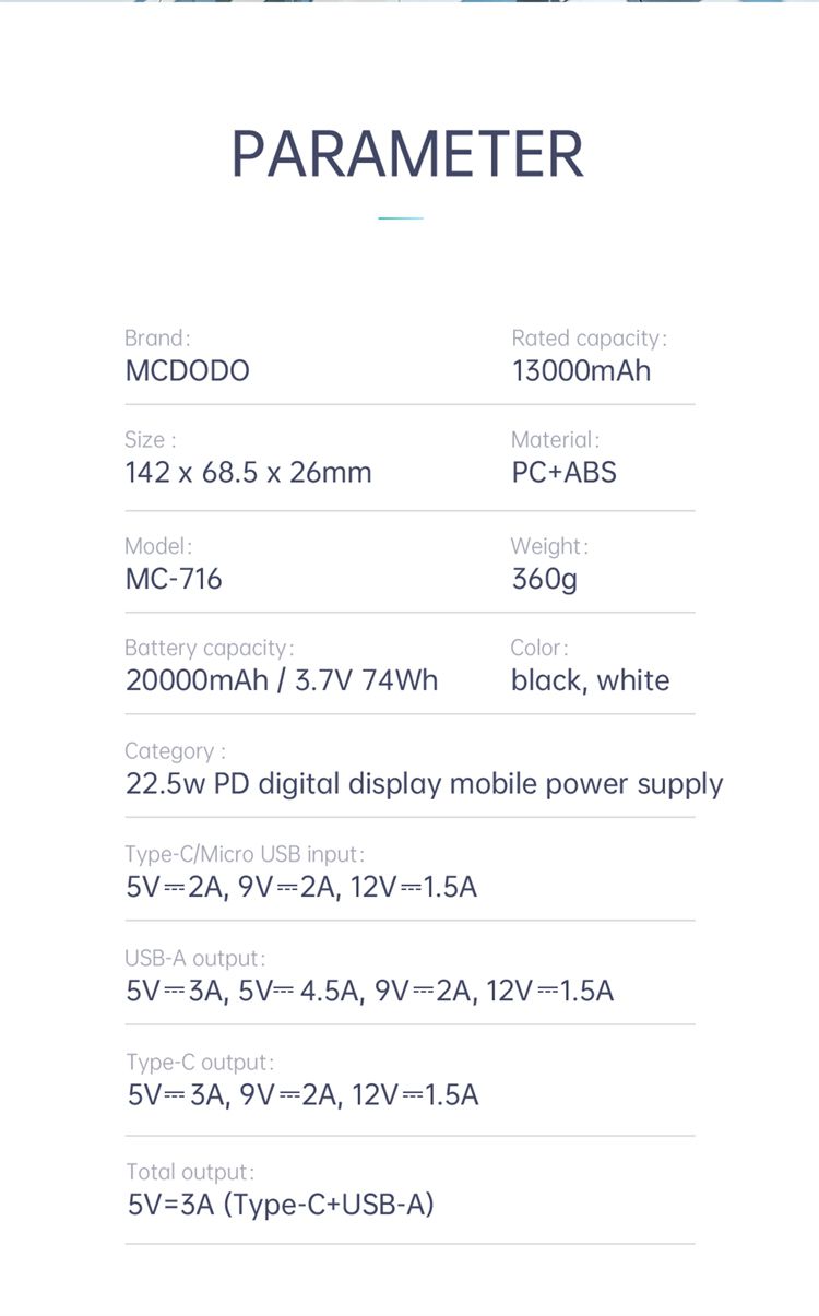 پاوربانک 22.5 وات مک دودو مدل Mcdodo MC-716 ظرفیت 20000 میلی آمپر به همراه کابل شارژ