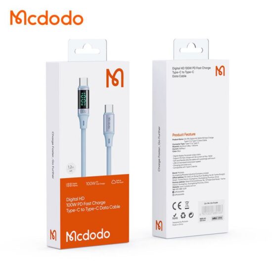 کابل شارژ سریع 100 وات تایپ سی به تایپ سی مک دودو مدل MCDODO CA-194 دارای نمایشگر دیجیتال طول 120 سانتيمتر