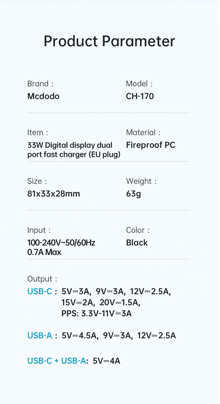 شارژر آداپتور دیواری 2 پورت 33 وات مک دودو مدل MCDODO CH-1701