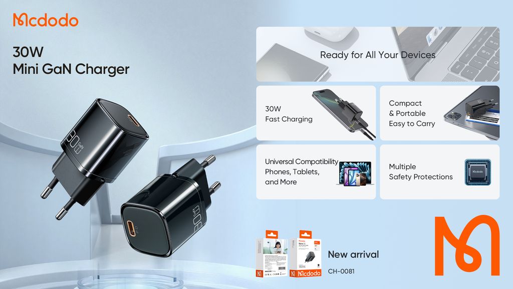 شارژر آداپتور دیواری مینی 30 وات مک دودو مدل MCDODO CH-008 GaN | جانبی360