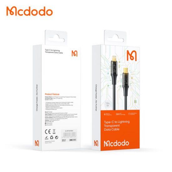 کابل شارژ تایپ سی به لایتنینگ 36 واتی مک دودو مدل MCDODO CA-1592 طول 180 سانتيمتر