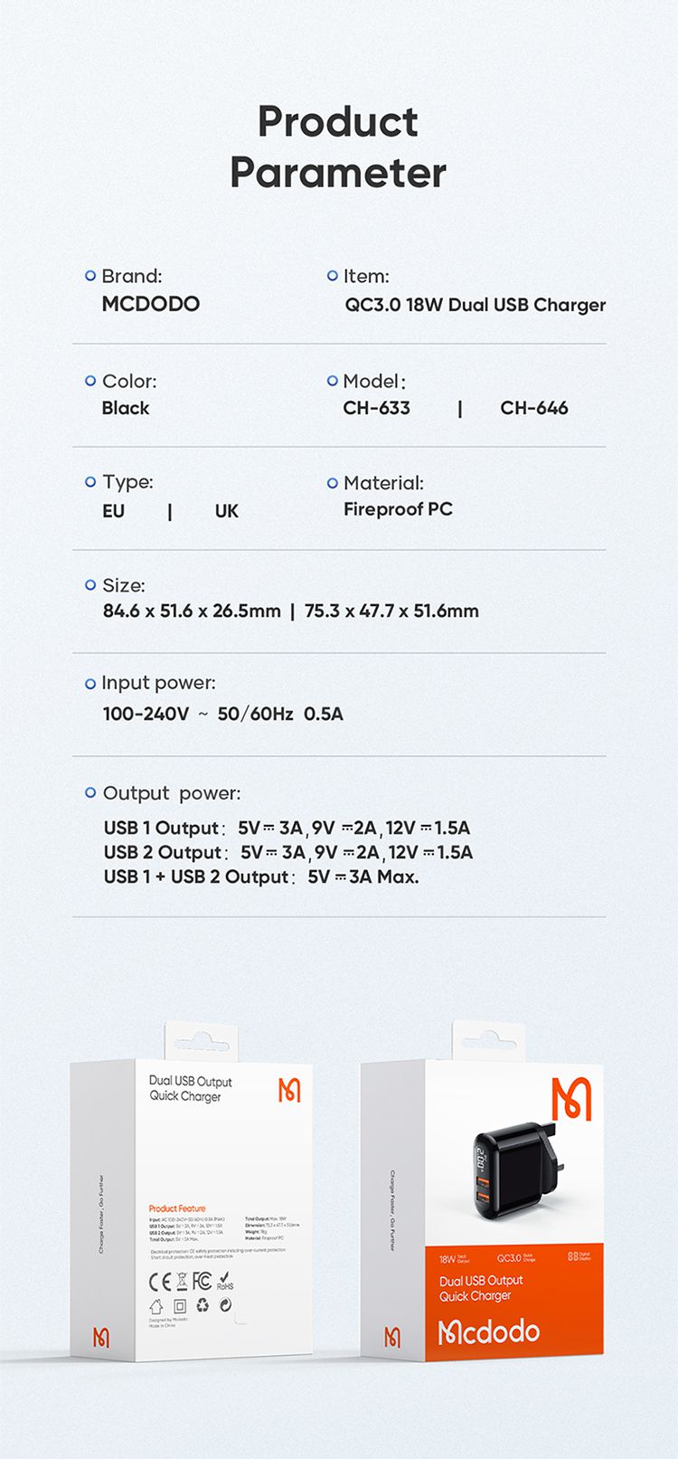 شارژر آداپتور دیواری 2 پورت 18 وات مک دودو مدل MCDODO CH-6330 - جانبی360