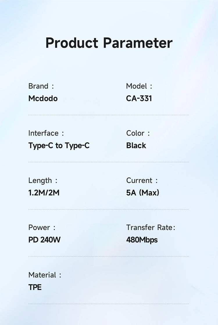 کابل شارژ سریع تایپ سی به تایپ سی 240 واتی مک دودو مدل MCDODO CA-331 | جانبی360
