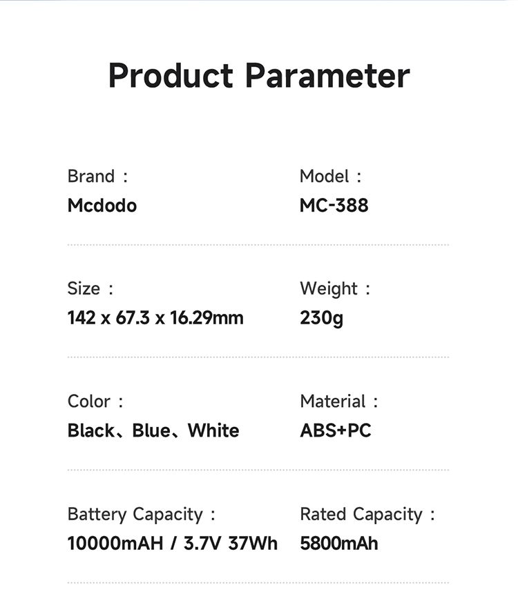 پاوربانک 22.5 وات ظرفیت 10000 مک دودو مدل MCDODO MC-388 بهمراه کابل شارژ+جانبی 360