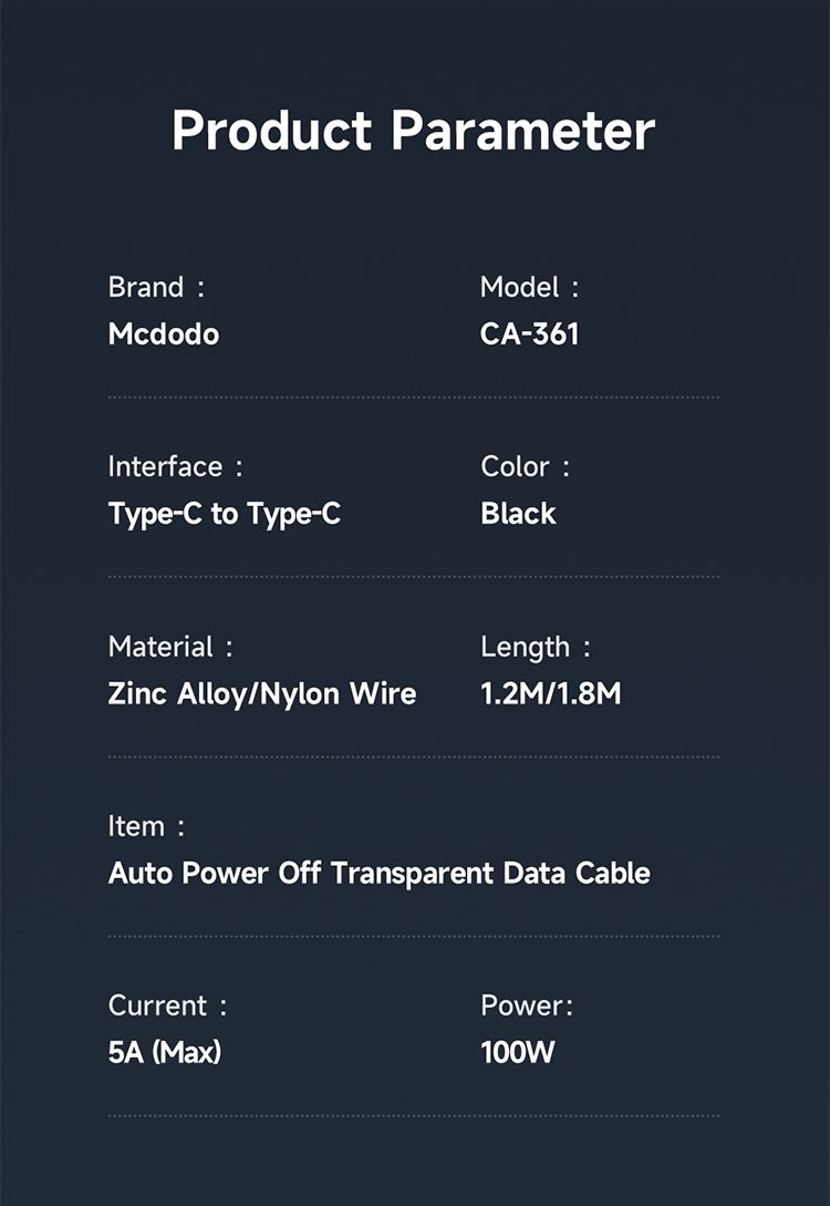کابل شارژ سریع 100 وات 5آمپری تایپ سی به تایپ سی مک دودو مدل MCDODO CA-361 دارای نمایشگر دیجیتال+ جانبی360