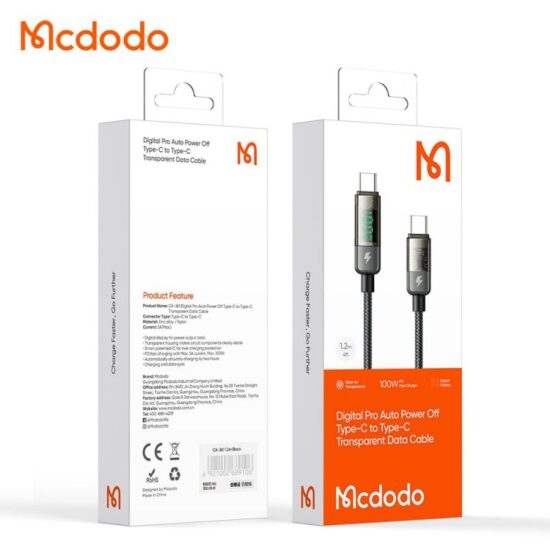 کابل شارژ قطع کن اتومات 100 وات تایپ سی به تایپ سی مک دودو مدل MCDODO CA-3611 نمایشگر دیجیتال طول 1.8متر