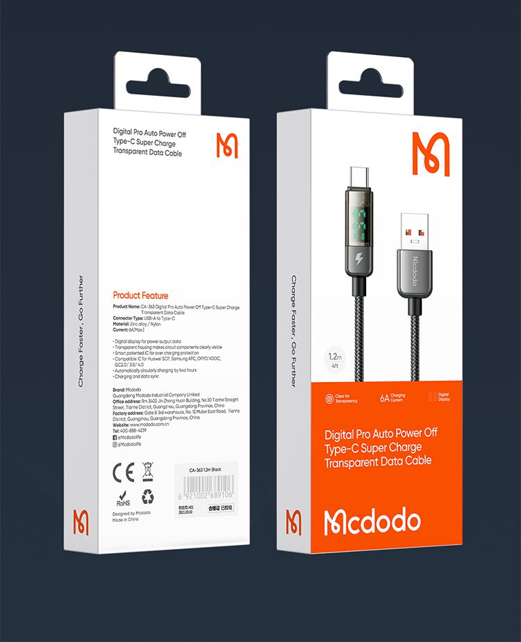 کابل شارژ قطع کن اتومات 100 وات USB به تایپ سی مک دودو مدل MCDODO CA-3630 نمایشگر دیجیتال | جانبی360