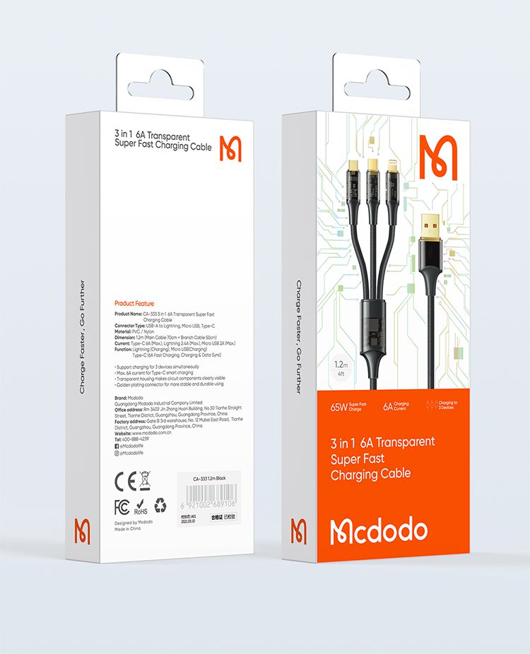 کابل چندسر 3 کاره 65 واتی میکرو Usb+لایتنینگ+تایپ سی مک دودو مدل MCDODO CA-3330 طول 1.2متر | جانبی360