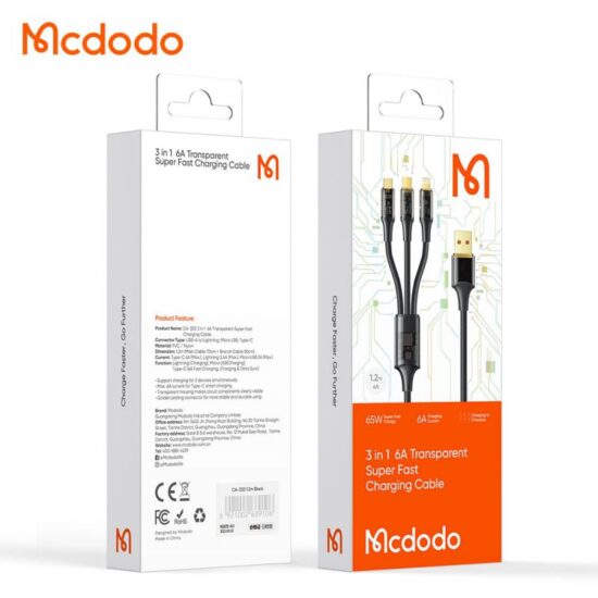 کابل چندسر 3 کاره 100 واتی میکرو Usb+لایتنینگ+تایپ سی مک دودو مدل MCDODO CA-3330 طول 1.2متر