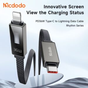 کابل شارژ سریع تایپ سی به لایتنینگ 36 واتی مک دودو مدل MCDODO CA-4960 نمایشگر ضربانی 1.2متر