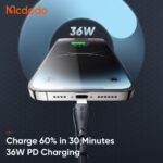 کابل کوتاه شارژ سریع تایپ سی به لایتنینگ 36 واتی مک دودو مدل MCDODO CA-4570 طول 20سانت