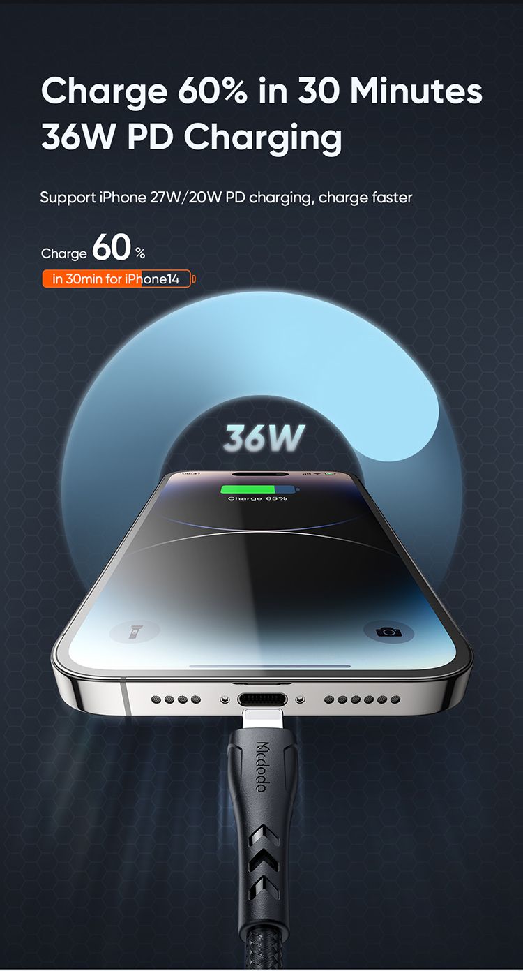 کابل کوتاه شارژ سریع تایپ سی به لایتنینگ 36 واتی مک دودو مدل MCDODO CA-4570 | جانبی360