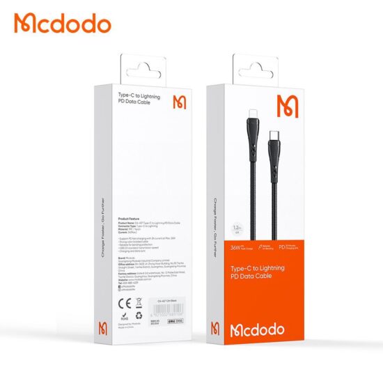 کابل کوتاه شارژ سریع تایپ سی به لایتنینگ 36 واتی مک دودو مدل MCDODO CA-4570 طول 20سانت