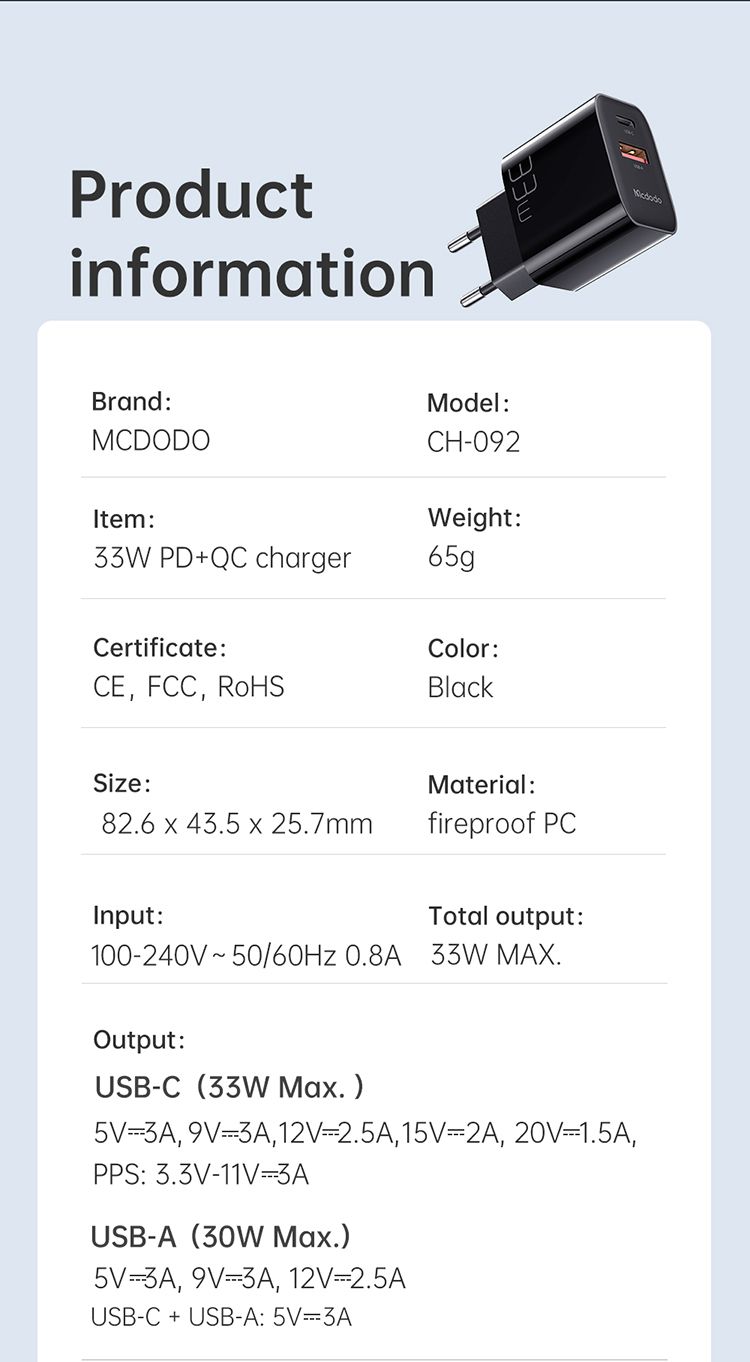 شارژر آداپتور دیواری فست شارژ 33 واتی مک دودو مدل MCDODO CH-0922 بهمراه کابل شارژ + جانبی 360