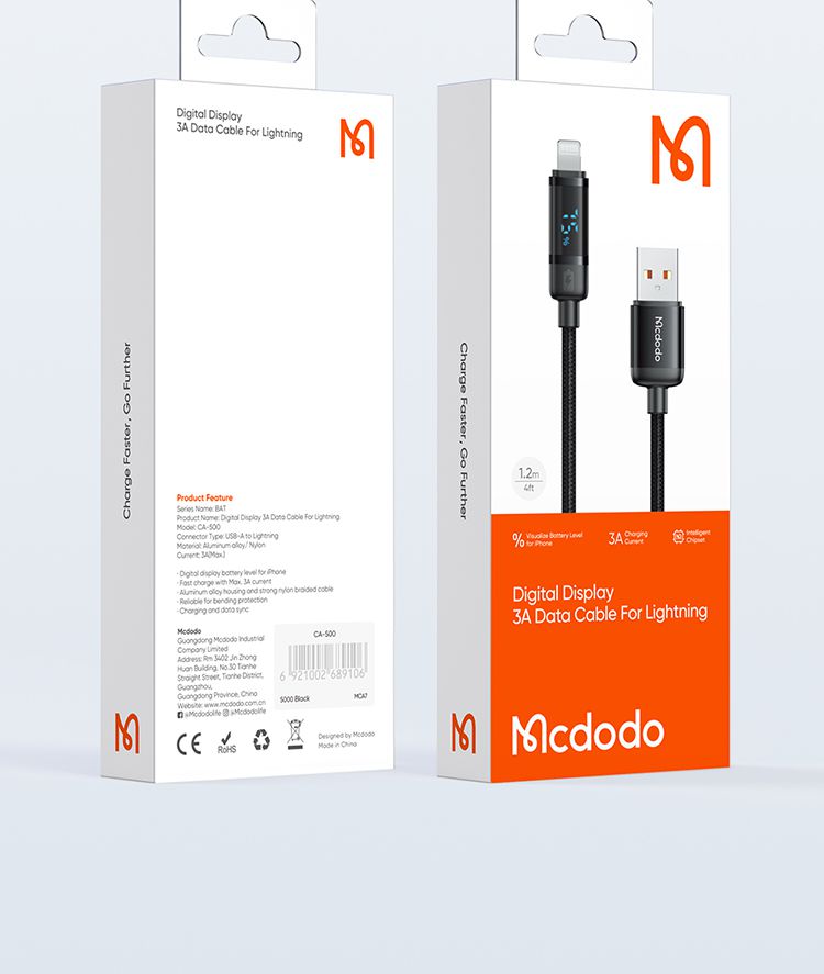 کابل شارژ سریع لایتنینگ 3 آمپر مک دودو مدل MCDODO CA-5000 نمایشگر دیجیتال + جانبی 360