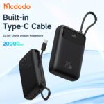 پاوربانک 22.5وات ظرفیت20000 مک دودو مدل MCDODO MC-3720 با کابل متصل تایپ سی