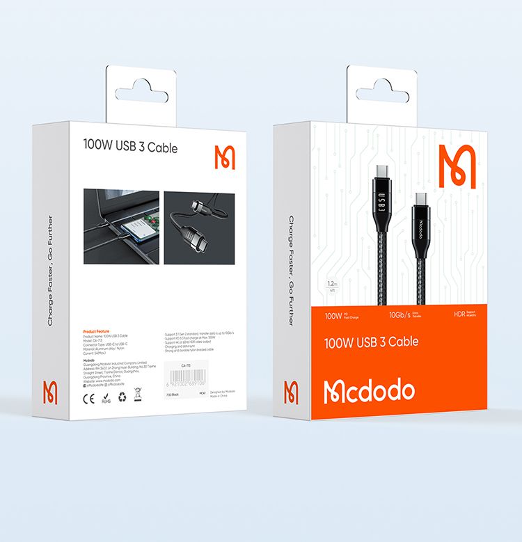کابل شارژ و انتقال تصویر 100 واتی تایپ سی به تایپ سی USB3.0 مک دودو مدل MCDODO CA-7132 طول 1.2متر + جانبی 360