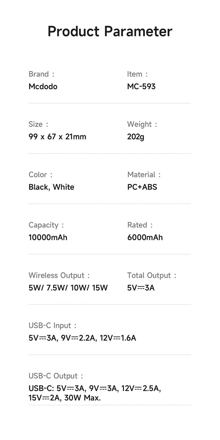 پاوربانک وایرلس مگ سیف 30وات 10000 مک دودو مدل MCDODO MC-593 بهمراه کابل شارژ