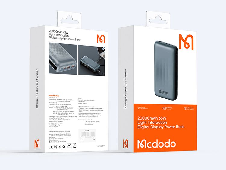 پاوربانک 65 وات ظرفیت 20000 مک دودو مدل MCDODO MC-446 بهمراه کابل شارژ + جانبی360