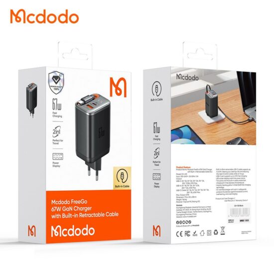 شارژر آداپتور دیواری 3پورت 67وات مک دودو مدل MCDODO CH-4100 GaN با کابل جمع شونده تایپ سی