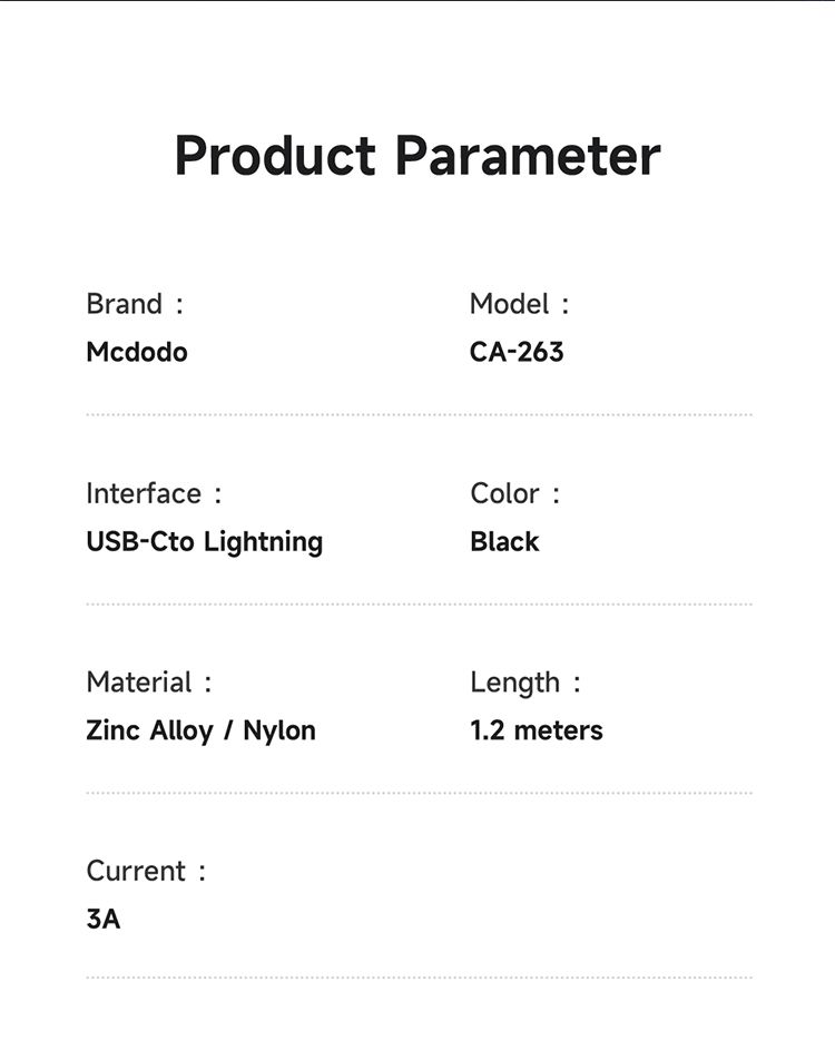 کابل شارژ سریع تایپ سی به لایتنینگ 36 واتی مک دودو مدل MCDODO CA-263 قابلیت کارپلی 1.2متر+جانبی360