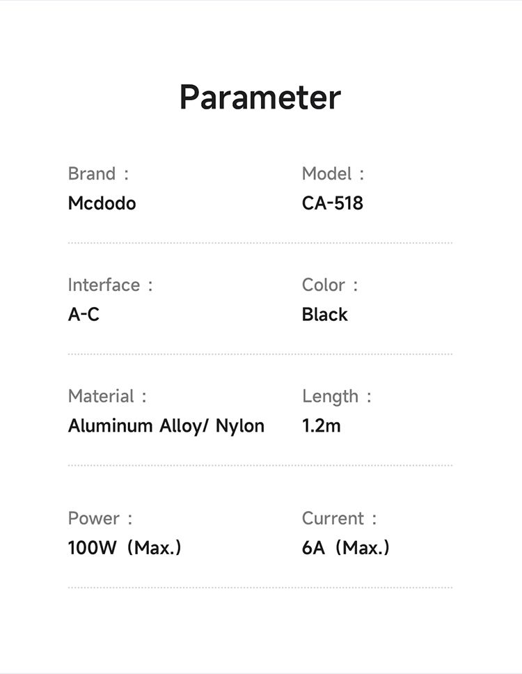 کابل شارژ سریع USB به تایپ سی 100وات 6 آمپر مک دودو مدل MCDODO CA-5180 طول 1.2متر+جانبی360