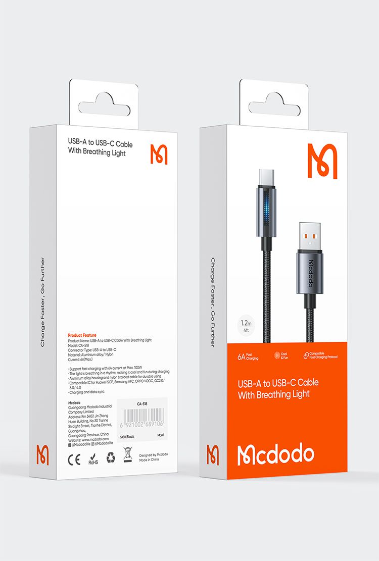 کابل شارژ سریع USB به تایپ سی 100وات 6 آمپر مک دودو مدل MCDODO CA-5180 طول 1.2متر+جانبی360