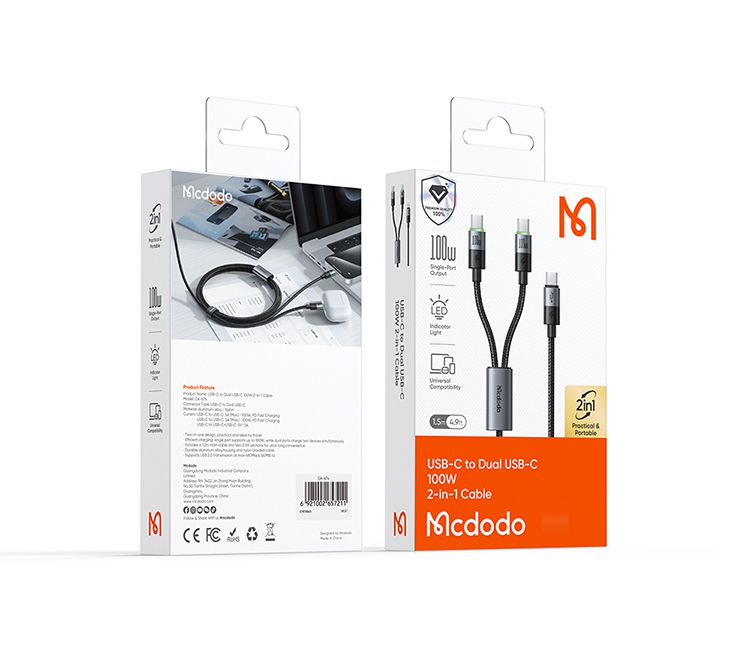 کابل شارژ سریع 100واتی تایپ سی به 2 پورت خروجی تایپ سی مک دودو مدل MCDODO CA-674 | جانبی360