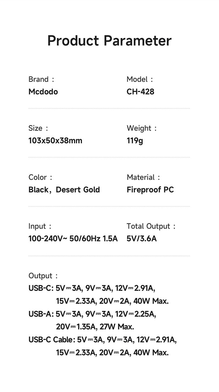 شارژر آداپتور دیواری 2پورت 40وات مک دودو مدل MCDODO CH-428 GaN با کابل جمع شونده تایپ سی+جانبی360