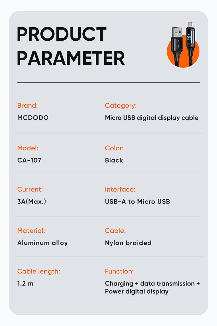 کابل شارژ سریع USB به micro میکرو 3 آمپر مک دودو مدل MCDODO CA-1070 نمایشگر دیجیتال 1.2متر quick charge4.0+جانبی360