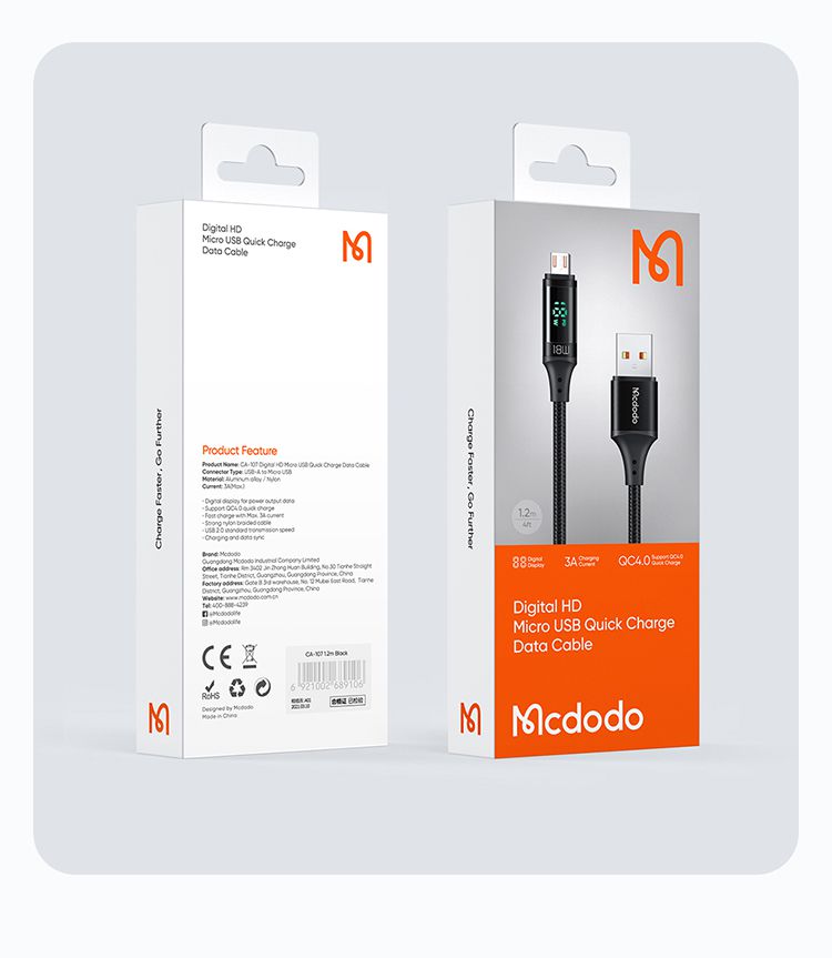 کابل شارژ سریع USB به micro میکرو 3 آمپر مک دودو مدل MCDODO CA-1070 نمایشگر دیجیتال 1.2متر quick charge4.0+جانبی360