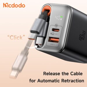 شارژر آداپتور دیواری 3پورت 40وات مک دودو مدل MCDODO CH-428 GaN با کابل جمع شونده تایپ سی