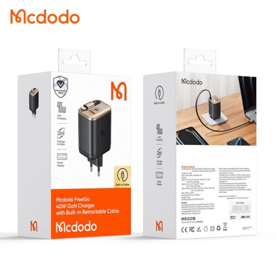 شارژر آداپتور دیواری 2پورت 40وات مک دودو مدل MCDODO CH-428 GaN با کابل جمع شونده تایپ سی