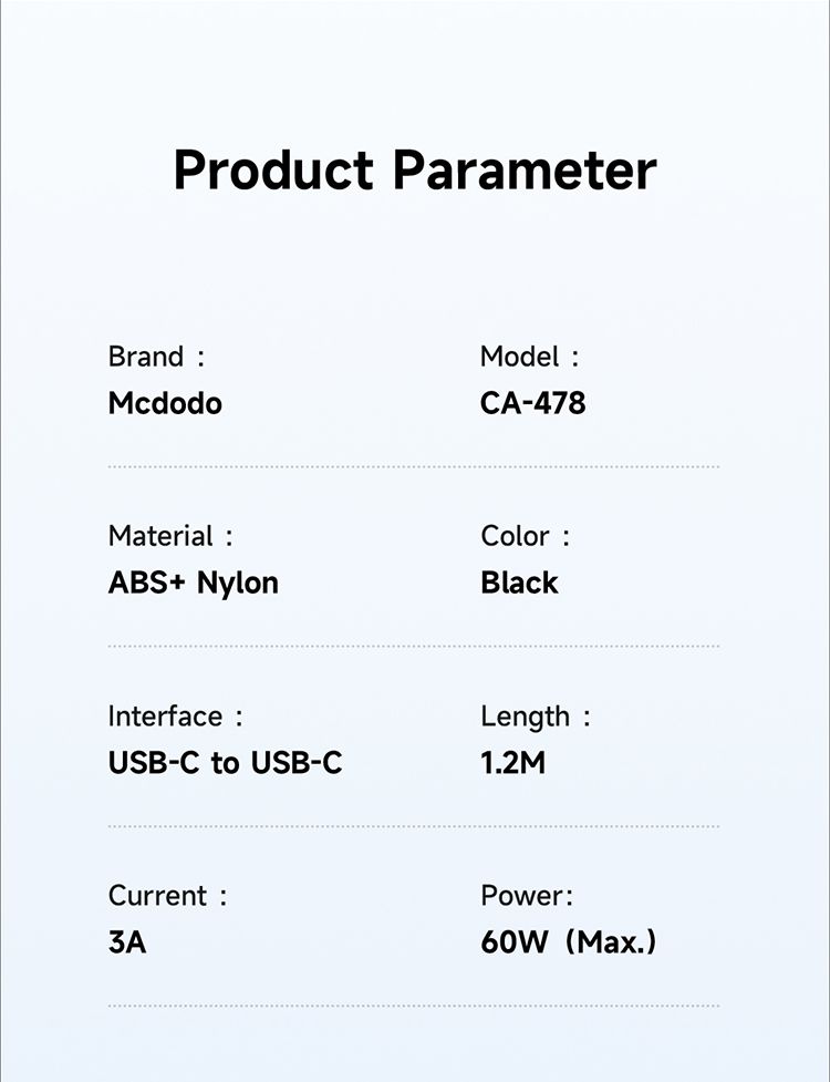 کابل شارژ سریع و انتقال دیتا تایپ سی به تایپ سی 60 وات 3 آمپر مک دودو مدل MCDODO CA-478 دارای نمایشگر جهت نمایش درصد باتری موبایل به طول 1.2متر | جانبی360