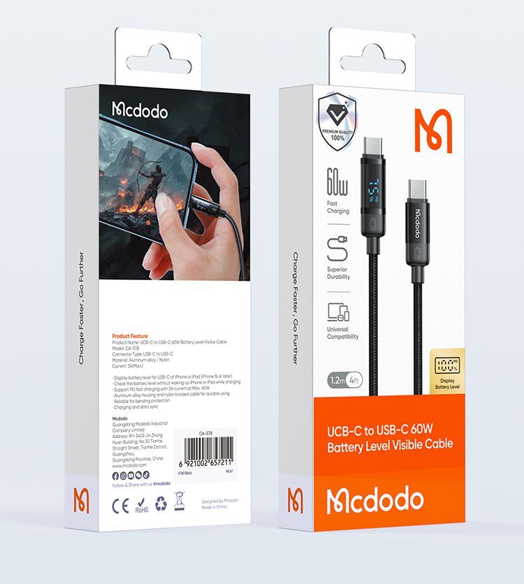 کابل شارژ سریع و انتقال دیتا تایپ سی به تایپ سی 60 وات مک دودو مدل MCDODO CA-578 دارای نمایشگر دیجیتال طول 1.2متر | جانبی360 کابل شارژ سریع و انتقال دیتا تایپ سی به تایپ سی 60 وات مک دودو مدل MCDODO CA-578 دارای نمایشگر دیجیتال طول 1.2متر | جانبی360