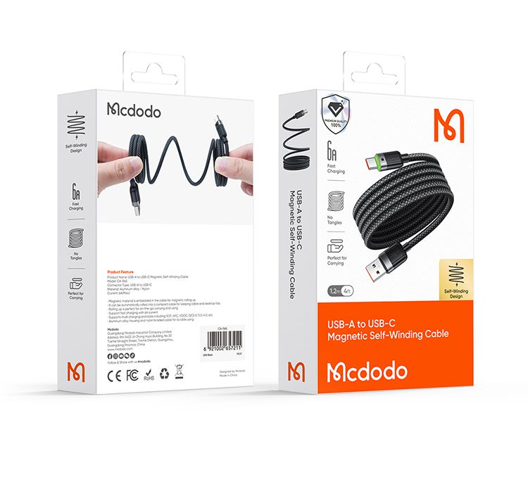 کابل شارژ سریع و انتقال دیتا USB به تایپ سی بدنه مگنتی خود سیم پیچ 100 وات مک دودو مدل MCDODO CA-565 طول 1.2متر| جانبی360