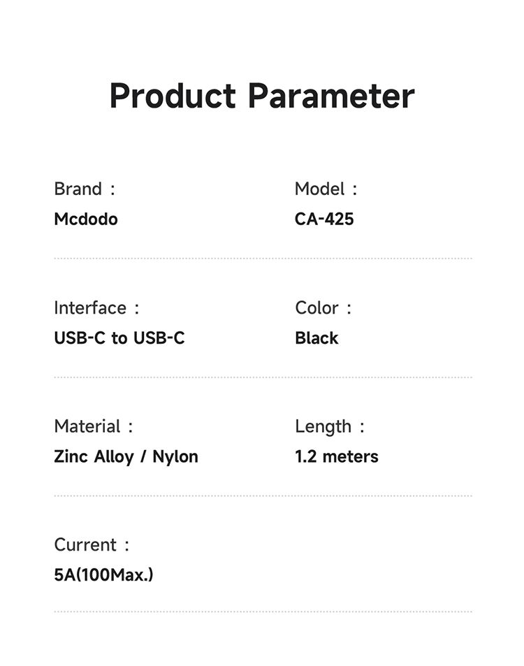 کابل شارژ سریع و انتقال دیتا تایپ سی به تایپ سی 100 وات 5 آمپر مک دودو مدل MCDODO CA-425 طول 1.2متر | جانبی360