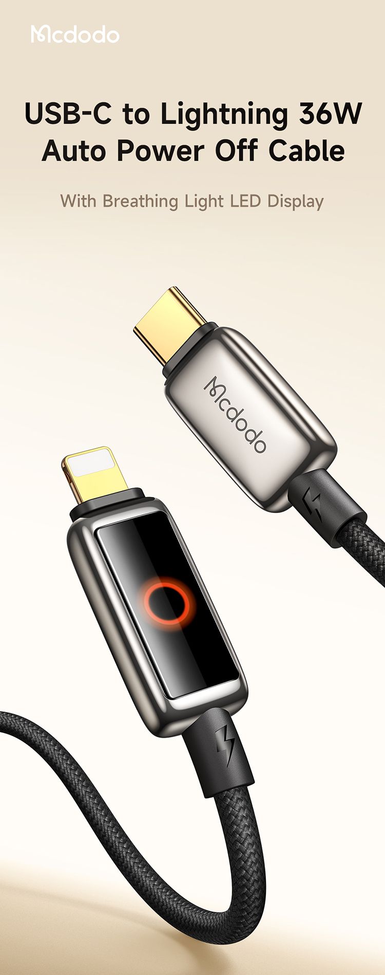 کابل شارژ سریع تایپ سی به لایتنینگ 36 وات 3 آمپر قطع کن اتومات مک دودو مدل MCDODO CA-667 قابلیت کارپلی 1.2متر | جانبی360