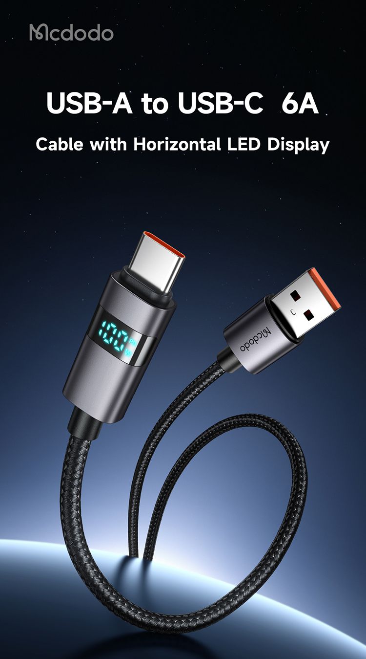 کابل شارژ سریع USB به تایپ سی 100 وات 6 آمپر مک دودو مدل MCDODO CA-6520 دارای نمایشگر دیجیتال افقی قابلیت کارپلی CarPlay طول 1.2متر | جانبی360