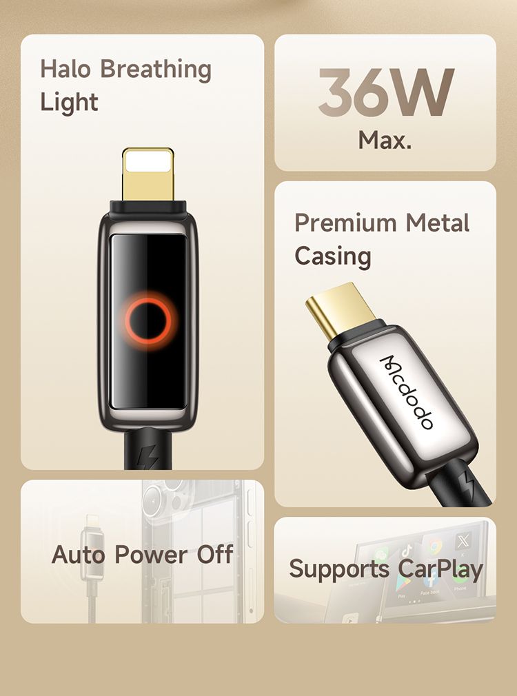 کابل شارژ سریع تایپ سی به لایتنینگ 36 وات 3 آمپر قطع کن اتومات مک دودو مدل MCDODO CA-667 قابلیت کارپلی 1.2متر | جانبی360