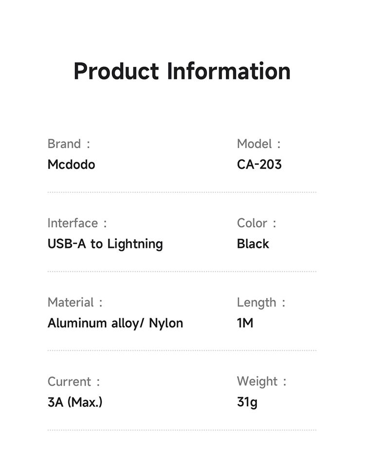 کابل شارژ سریع USB به لایتنینگ 3 آمپر کارپلی مک دودو مدل MCDODO CA-2030 طول 1متر | جانبی360